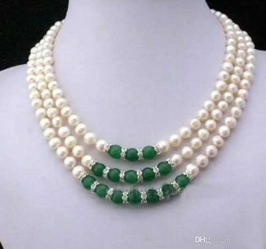 

2017 new 7-8MM Natural White Akoya Cultured Pearl & Green Jadeite Hand Knotted necklace>>> free shipping