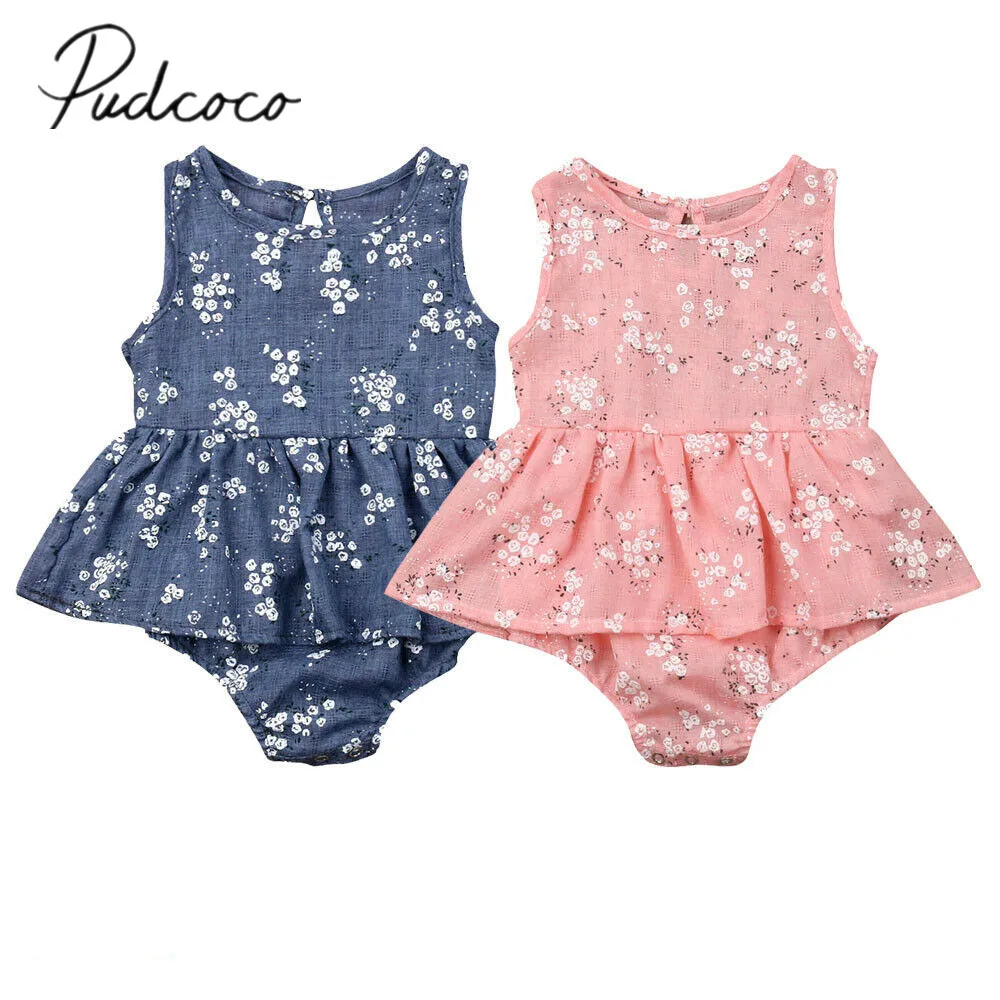 Baby Summer Clothing Newborn Infant Baby Girl Bodysuits Dress Clothes Sleeveless Flowers Print Jumpsuits Tutu Dress 0-18M