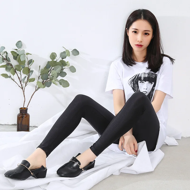 Женские блестящие леггинсы черные неоновые большого размера эластичные