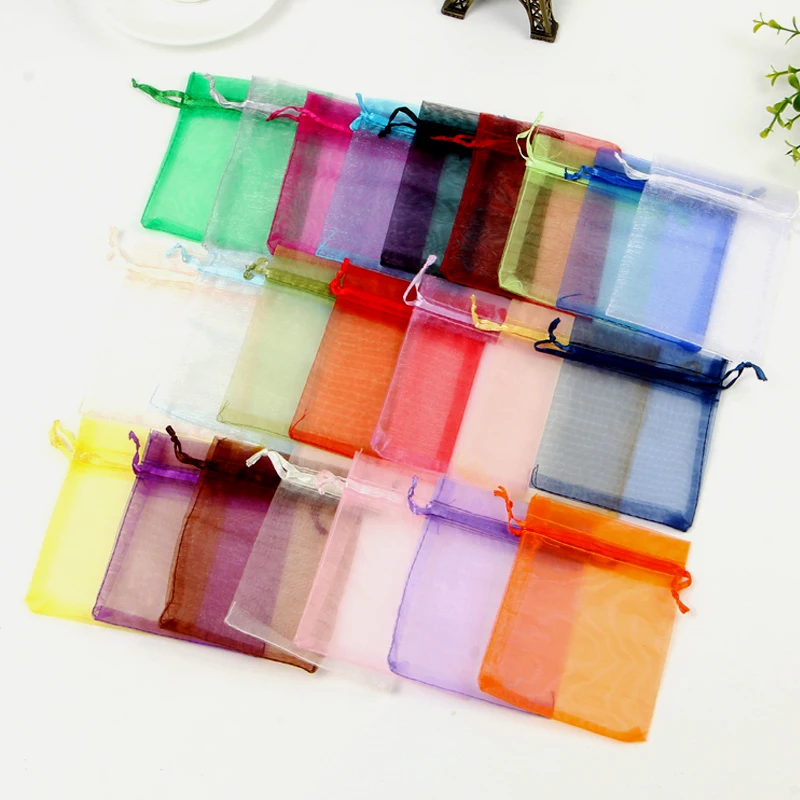 50 шт., 21 цвет, 7X9, 9X12, 10X15, 13X18 см, сумки из органзы, Подарочная сумка, пакеты для упаковки ювелирных изделий, могут быть изготовлены с логотипом на заказ