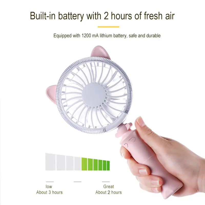 

Ears Fan Portable Bear Hand Fan Battery Operated USB Power Handheld Mini Fan Cooler with Strap LED Light for Home Office Gift