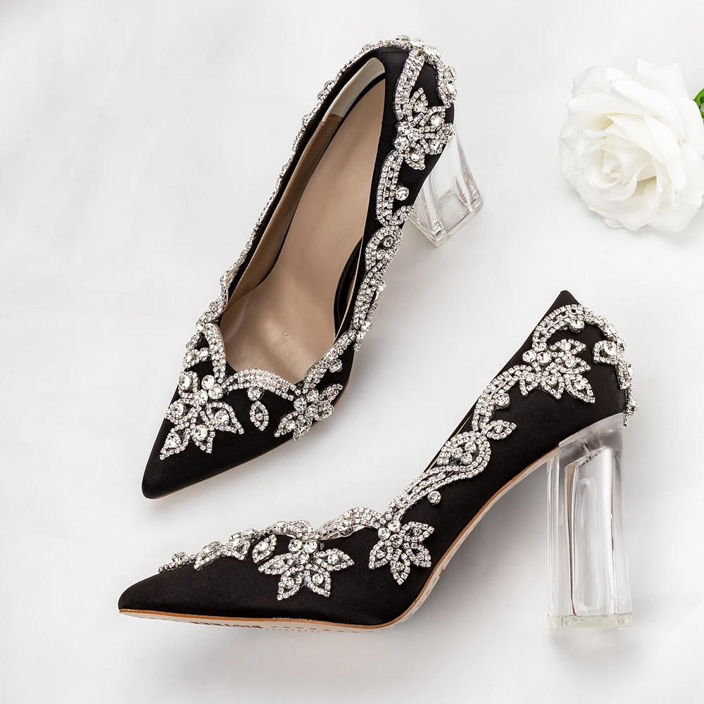 

Party Shoes Crystal Bling Black Silk Satin Pointed Toe Classic Celebrations Event Pumps Bride Mother Square Special Clear Heels