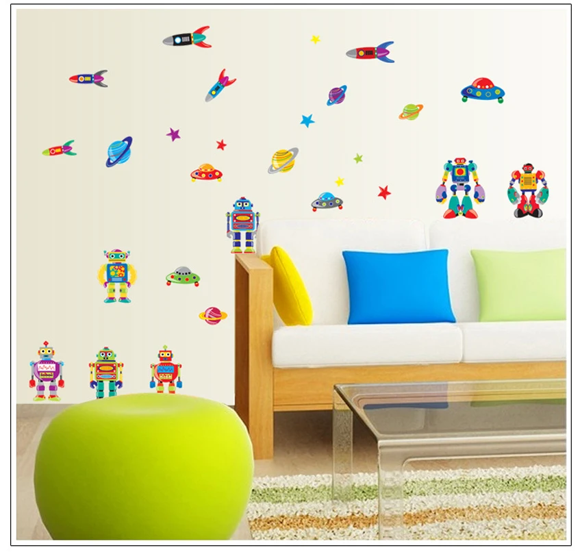 Robot Rocket Star Planet cartoon wall decals Removable stickers kids nursery baby decor children room home decoration | Дом и сад