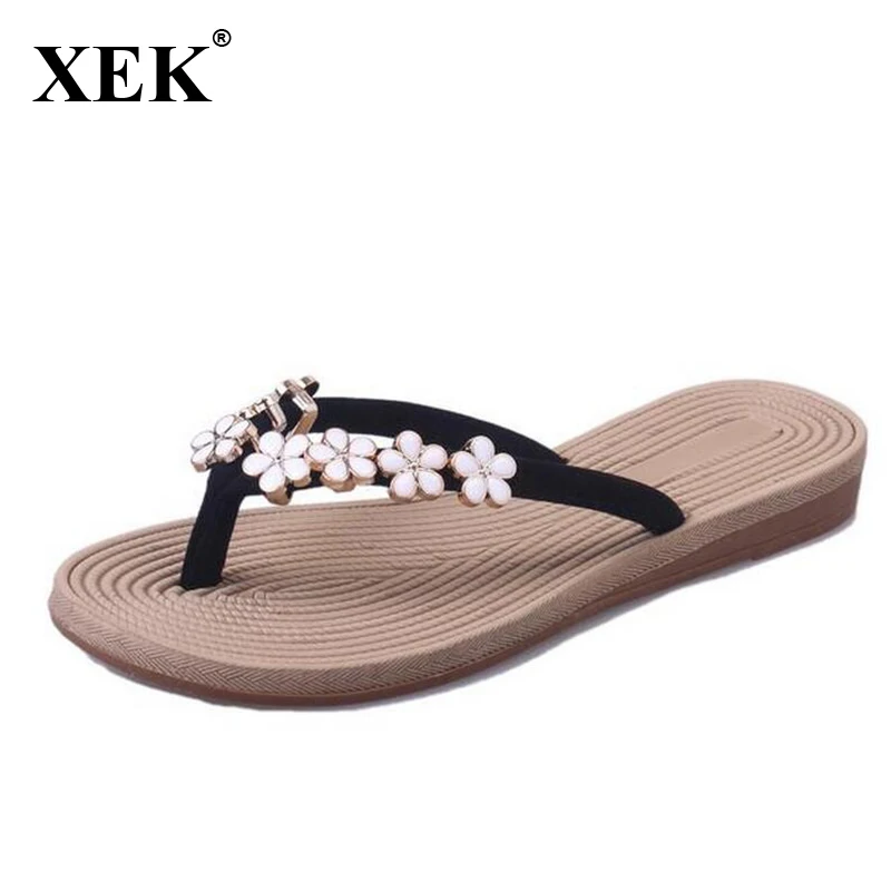 XEK 35-41 Plus Size Fashion Floral Metal Beach Shoes Women Summer Slippers Flip Flops Flat For Ladies WFQ69 | Обувь