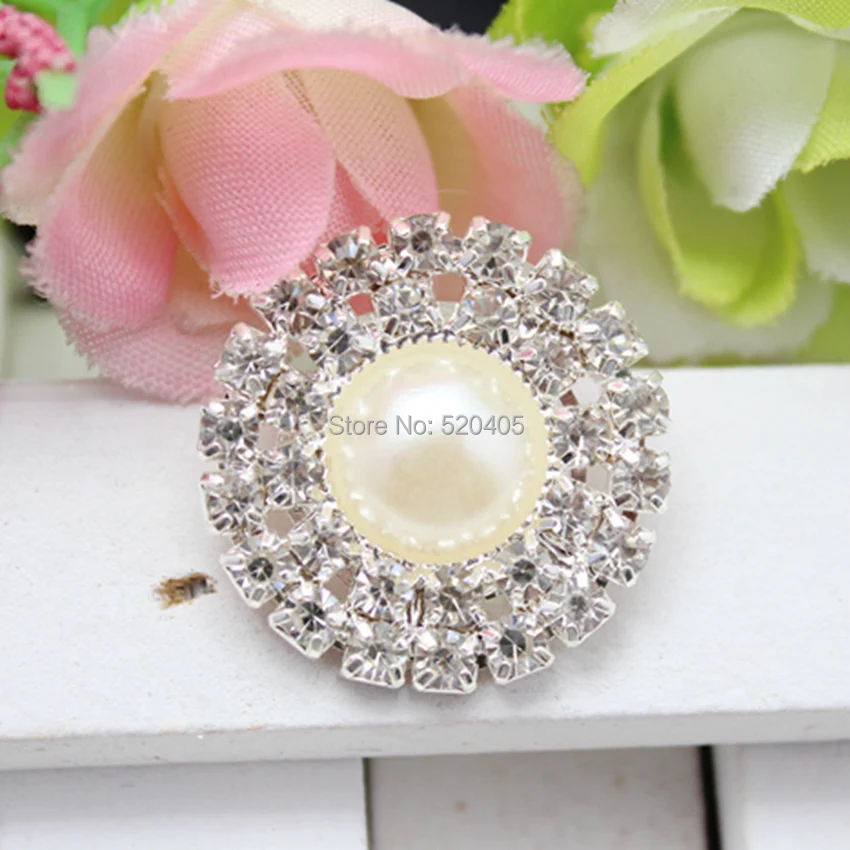 

25cm metal button with Double row clear rhinestone pearl silver base for flower cluster hair flower wedding embellishment 50PCS