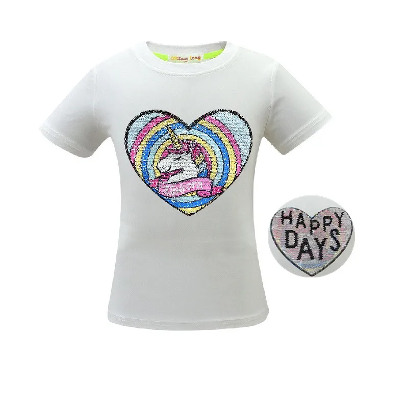 3485 White Футболка с единорогом летняя одежда для маленьких девочек Camiseta Unicornio, футболка топы для девочек, Femme, Детская футболка, Enfant, для дня рождения, цветная, с блестками - Цвет: 3485 White