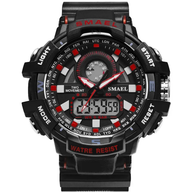 Black Red SMAEL, мужские военные часы, светодиодный, кварцевые часы, спортивные часы для мужчин, двойной дисплей, наручные часы, relogios masculino, 30 м, водонепроницаемые - Цвет: Black Red