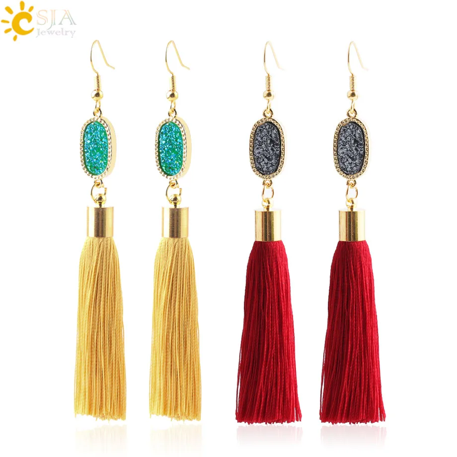 CSJA длинные женские серьги с кисточками Boho натуральный кристалл Druzy Druse висячие