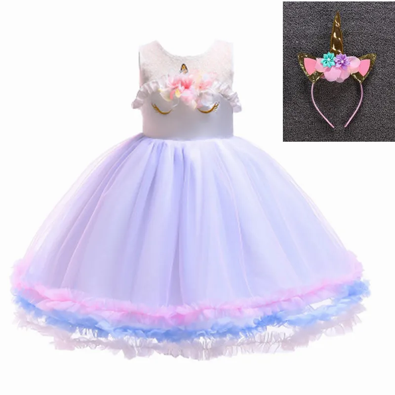Purplewith headdress Для маленьких девочек с цветочным узором для девочек с единорогом; платье-пачка принцессы; платье для дня рождения; модное платье для вечеринки Рождественская одежда костюм единорога - Цвет: Purplewith headdress