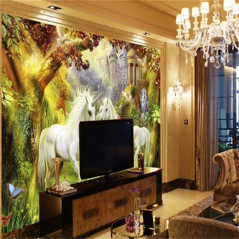 beibehang 3D room wallpaper high-end custom murals non-woven wall sticker European forest horse photo TV background | Обустройство