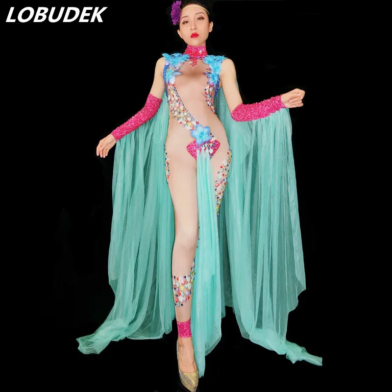 Occident Nightclub Bar Party Celebration Outfit Sparkly Crystal Flower Jumpsuit Model Catwalk Stage Costume Nightclub Dance Wear