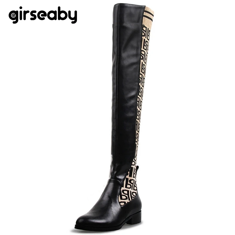 Женские вязаные ботфорты Girseaby брендовые на плоской подошве лоскутные Сапоги