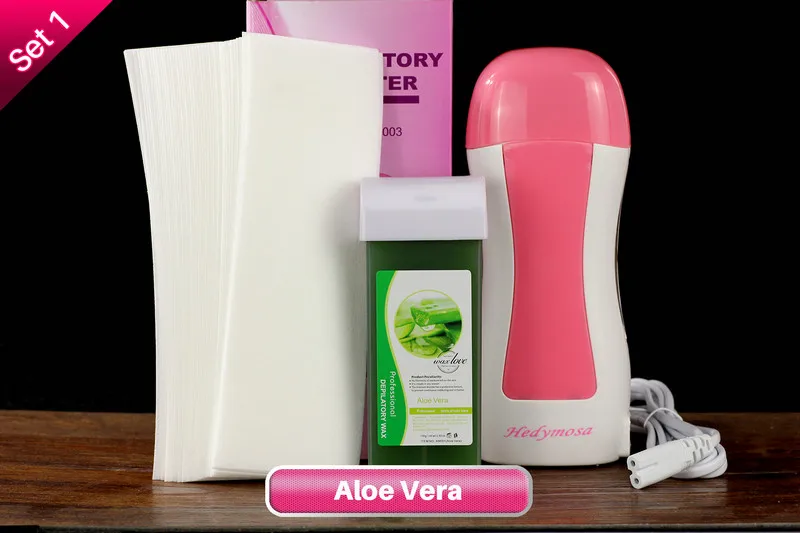Set 1 Aloe Эпилятор воскоплав Набор восковых нагревателей, удаления волос, расплав воска, эпилятор женский 110 В/220-240 В, эпилятор для бровей лица, бритвенный безболезненный, 100 г, восковые полоски для депиляции - Цвет: Set 1 Aloe