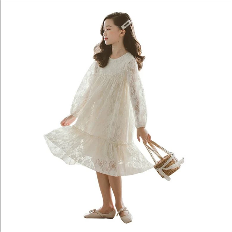Autumn Dresses Girls 2019 New White Black Red Lace Long Sleeve Dress For 4 to 12 Years Sweet Fashion Fall Clothing | Детская одежда и