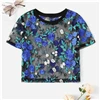 SHEIN Boho разноцветная Цветочная вышивка Прозрачная сетка Сексуальная укороченная блузка женская летняя круглый вырез короткий рукав элегантный топ блузки