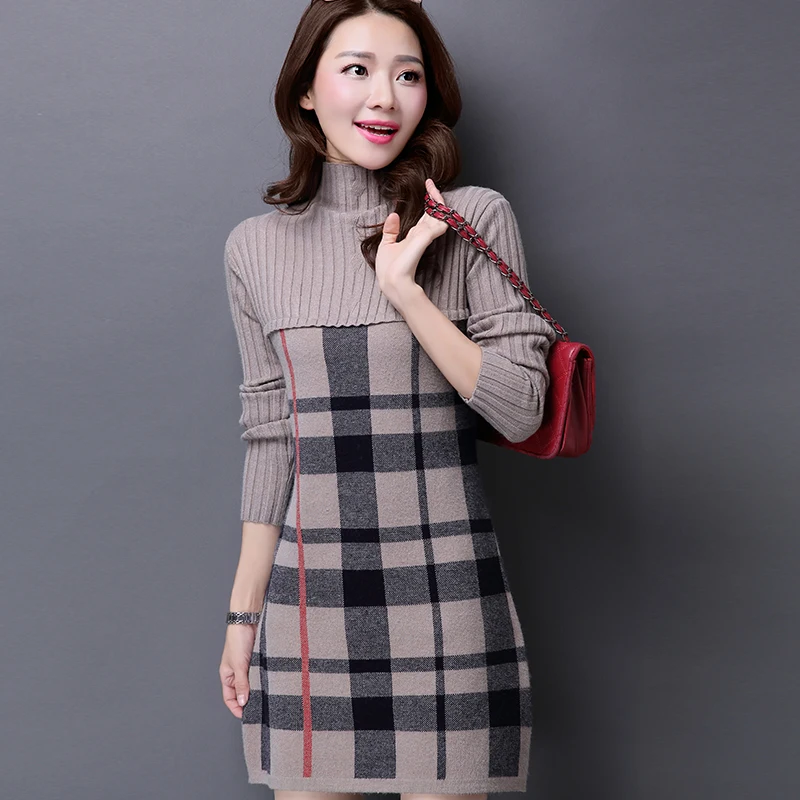 Turtleneck Plaid Long Sweater Dress for Woman Autumn Winter Patchwork Fashion Slim Computer Knitted Woolen Female | Женская одежда