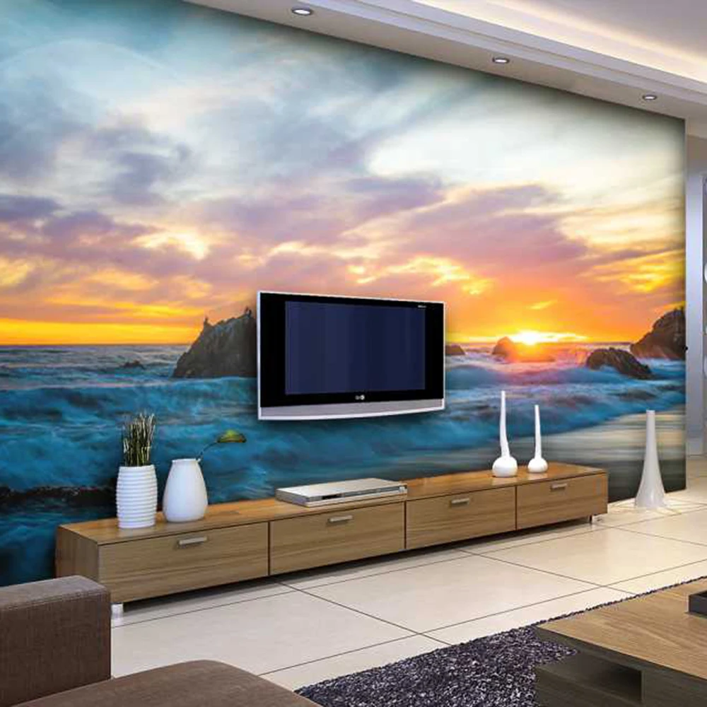 Закат пляж гостиная фон 3D обои фотообои 3d papel де сравнению PW1500205415|papel de pared|papel de3d |