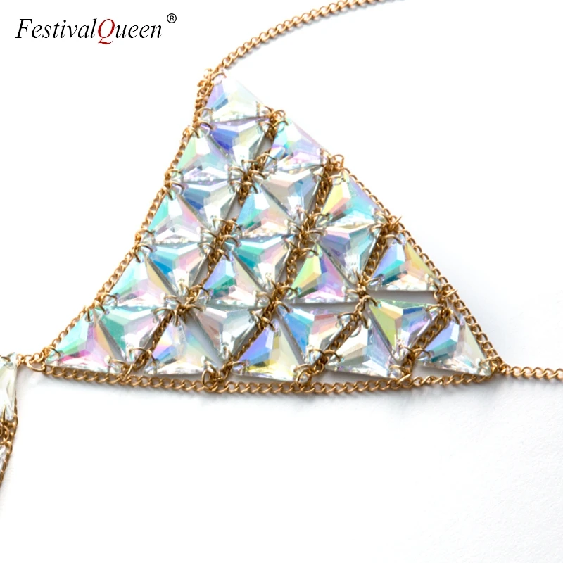 FestivalQueen, экзотический женский бюстгальтер с разноцветными камнями, хит, сексуальный, для девушек, Регулируемая металлическая цепочка, соблазнительное нижнее белье, пляжный бюстгальтер на бретельках