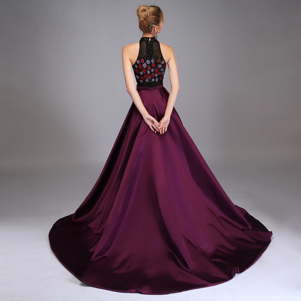 Luxury Evening Dress High-end Custom Purple Satin Halter Beading High-slit Sweep Train Prom Party Formal Gown |