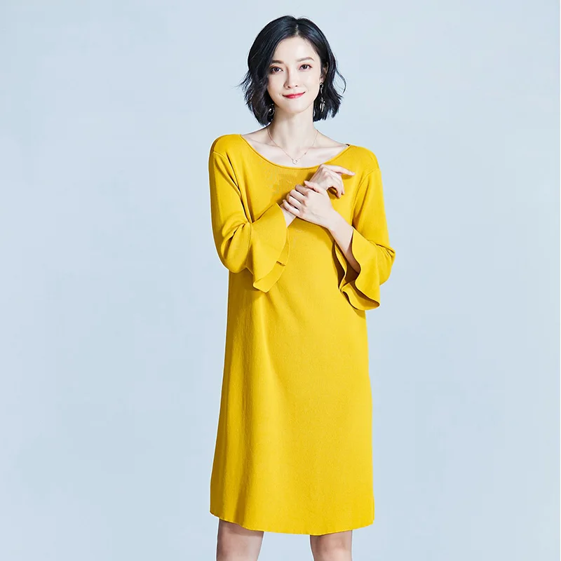 Женские длинный трикотажный свитер платье повседневное бабочка три рукава