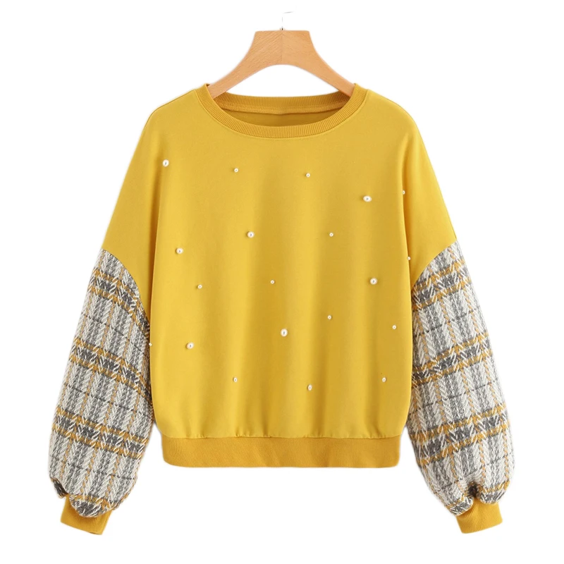 Dotfashion, желтая, украшенная жемчугом, с заниженным плечом, клетчатая толстовка, женская одежда, осень, женские модные повседневные пуловеры