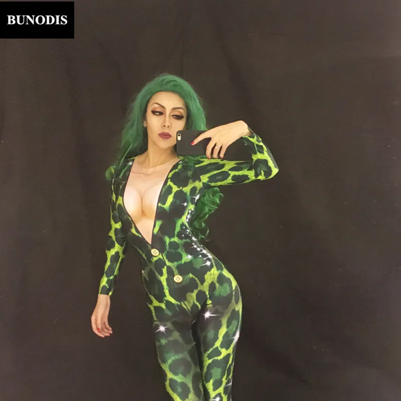 BU143 Зеленый сексуальный женский комбинезон 3D печать ночной клуб Вечерние боди