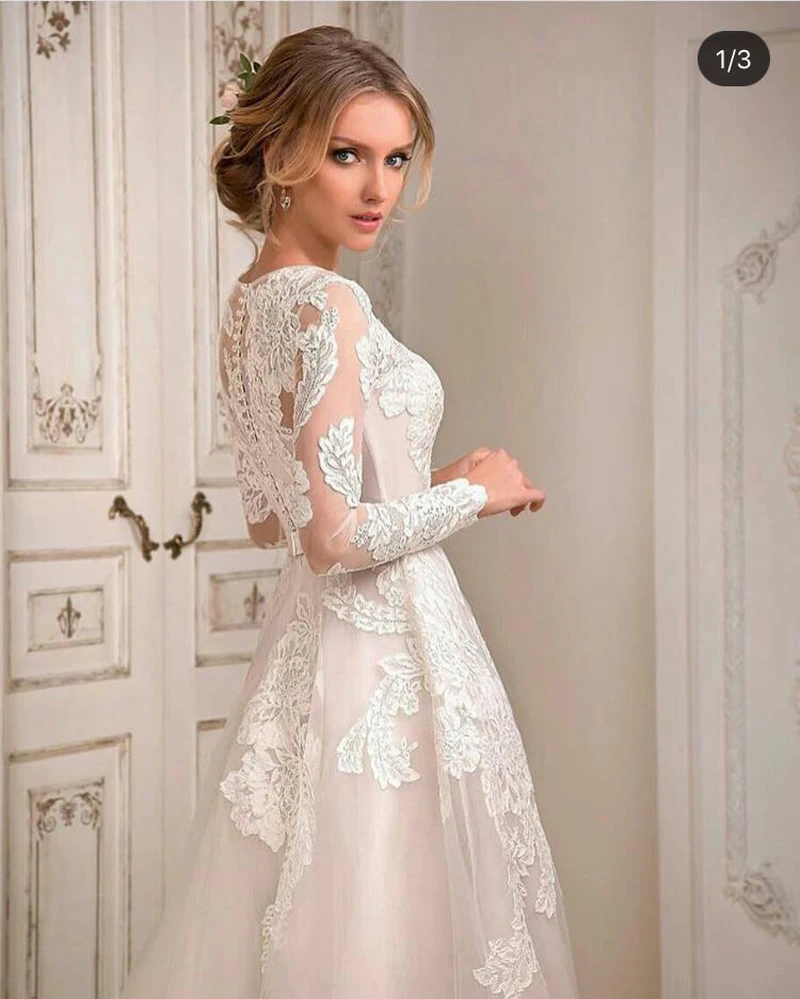 Аппликация Жемчуг Тюль o-образным вырезом линии с длинным рукавом начиная оплаты