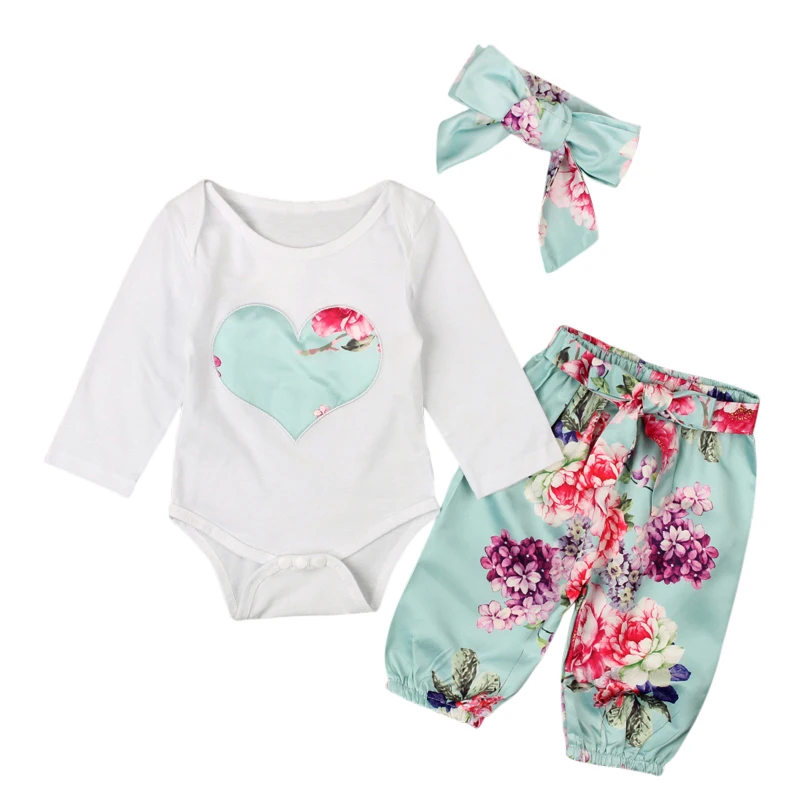 

3PCS Set Baby Girls Clothes Romper Spring Autumn Toddler Heart Embroidery Tops+ Floral Pant Outfits Children Girl Clothing Set