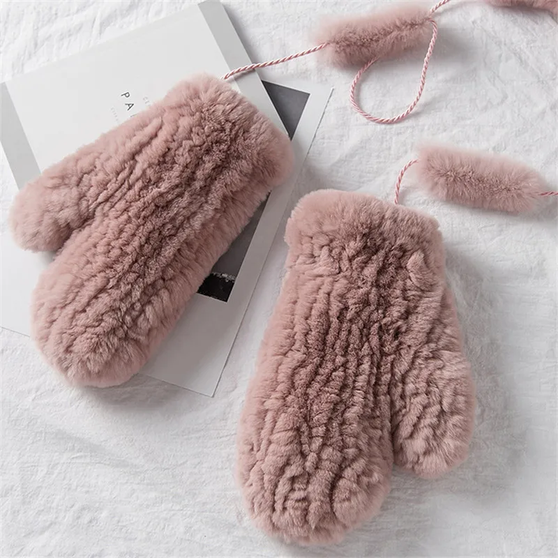 Новинка 2019 модные зимние детские перчатки натуральный мех кролика вязаные