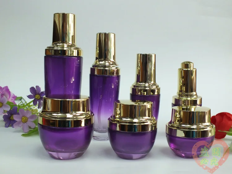 50pcs wholesale 100 ml glass empty bottle for cream , glass containers with lids , purple glass lotion bottle with gold cap