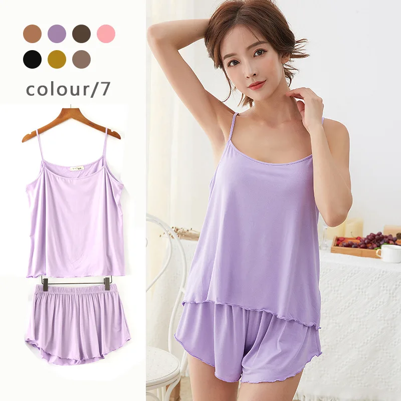 

Summer Sleeveless Pajamas Shorts Set 2 Piece Camisole+Short Pants Korean Simple Sleepwear Wholesale Casual Nightwear Pijama