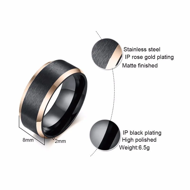 Мужские черные кольца из нержавеющей стали и розово золотого цвета удобные