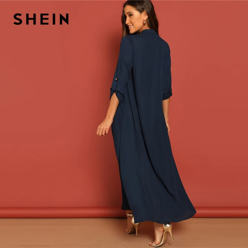 SHEIN Длинное Платье На Пуговицах С Оригинальным Рукавом, Элегантное Офисное Макси Платье С Длинным Рукавом