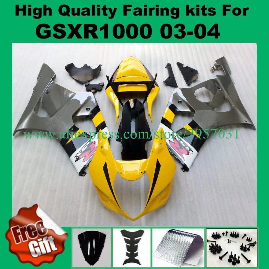 

100%Fit Injection fairings fit for SUZUKI GSXR1000 2003 2004 GSX-R1000 GSXR 1000 03 04 Fairing kits K3 K4 yellow grey white #297