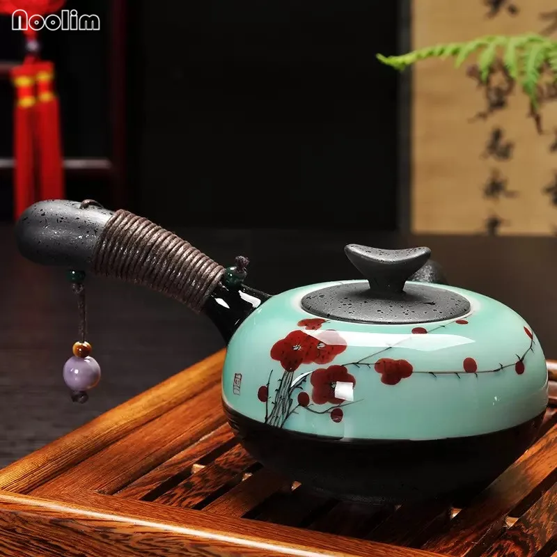NOOLIM Yixing керамический чайный горшок в китайском стиле, чайный горшок с деревянной ручкой, винтажный чайный набор кунг-фу с ручной росписью в виде лотоса