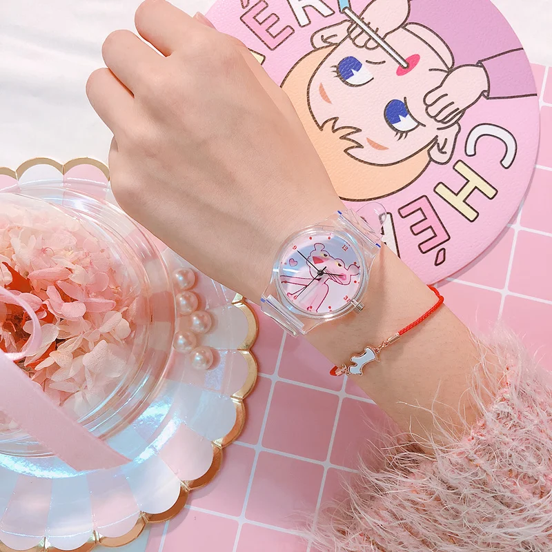 Часы наручные женские кварцевые прозрачные модные с розовой пантерой для