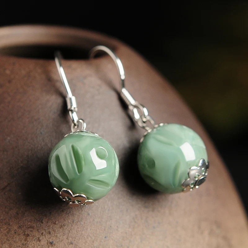 925 silver inlaid natural A goods Tou Le jade Transshipment bead earrings Burmese women hollow Beads Earrings | Украшения и