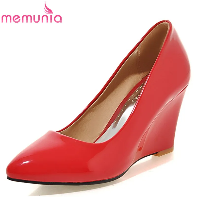 

MEMUNIA Plus size 33-43 New basic women pumps pointed toe wedges shoes solid color patent pu leather wedge high heels shoes