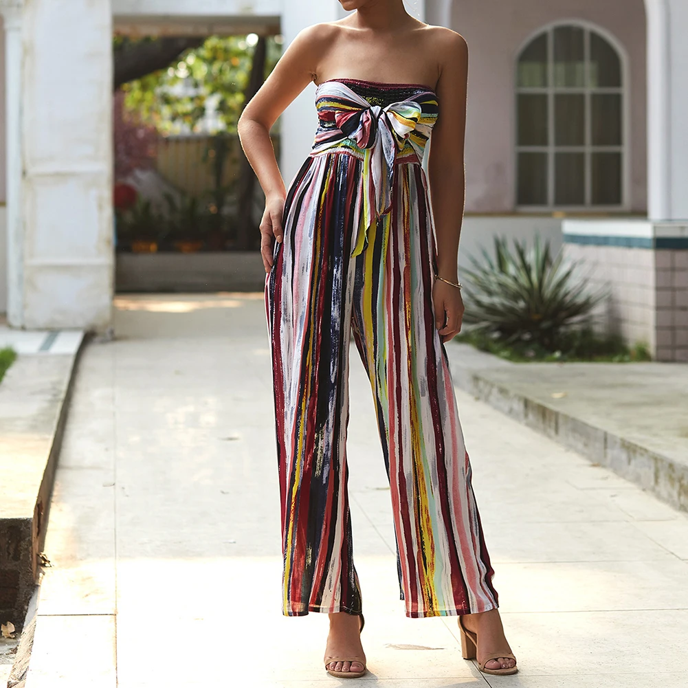 2019 Sexy Women's Multicolor Striped Off Shoulder Long Pants Jumpsuit Summer Printed Club Party Strapless Bow Bandage Rompers | Женская