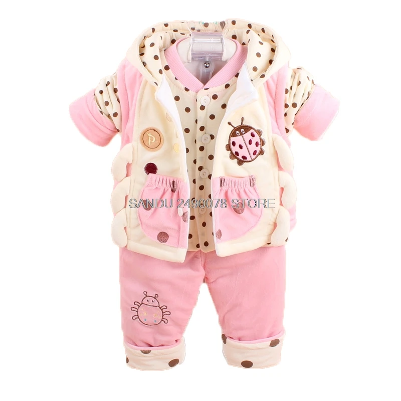 pink 3pcs Зимний детский комплект из 3 предметов для маленьких девочек и мальчиков, милый теплый комбинированный жилет+ топ+ штаны, комбинезон для новорожденных - Цвет: pink 3pcs