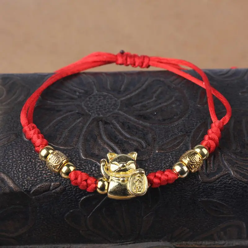 Красный плетеный браслет Lucky Gold Fortune Cat Kabbalah регулируемые модные