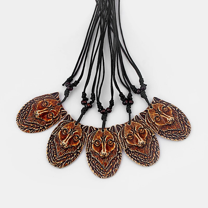 

12pcs Black Wax Cord Faux Yak Bone Resin Brown Wolf Head/Face Pendant Necklace 60x42mm