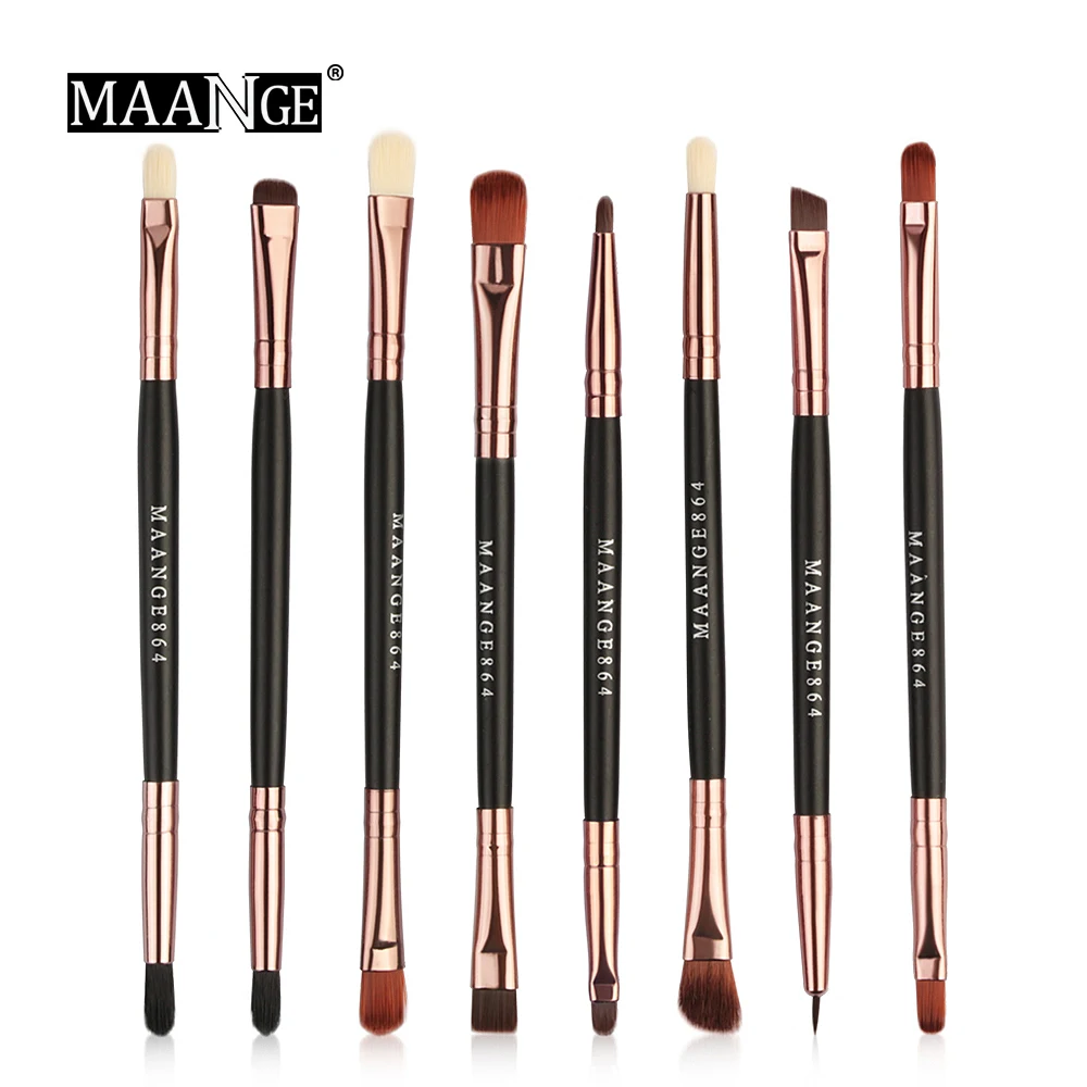 8pcs MAANGE 5/8 штуки Профессиональный набор кистей для макияжа Косметический двухконфорочная вафельница для тени для бровей с черной деревянной ручкой из мягкого нейлона и шифона со вставками в полоску, волосы для Для женщин инструмент для макияжа - Handle Color: 8pcs