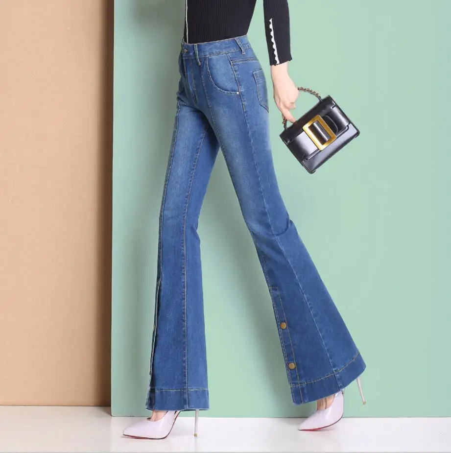 2019 Spring and Autumn new women's high waist flare jeans slim split trumpet trousers denim pants plus size r1477 |