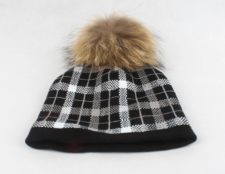 black plaid cap Женская зимняя шапка, клетчатая вязаная шапка, настоящая норковая шапка с меховым помпоном для девушек, хлопковая Лыжная Шапочка - Цвет: black plaid cap