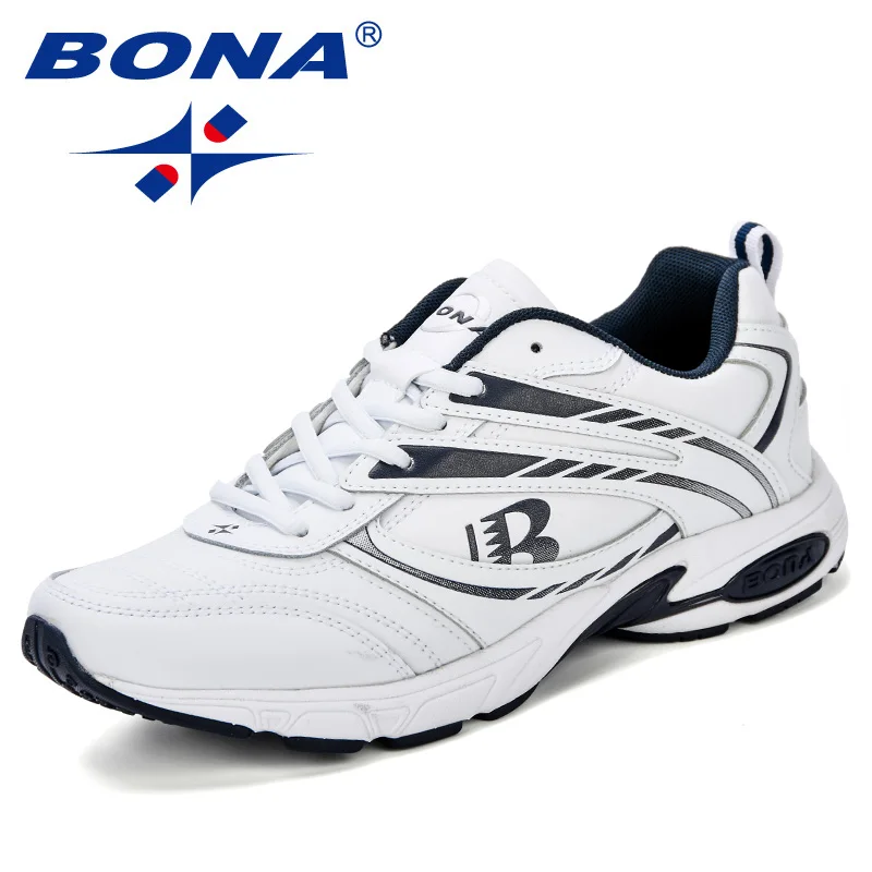 White deep blue BONA/Уличная обувь для взрослых мужчин, для бега, бега, прогулок, спортивная обувь, высокое качество, на шнуровке, дышащие мужские кроссовки, удобная обувь - Цвет: White deep blue