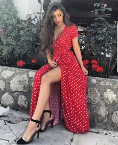 Женское винтажное платье с высокой талией длинное в горошек треугольным вырезом