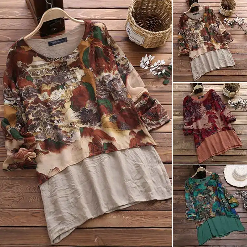 Кафтан Печатные Топы женские асимметричные блузки ZANZEA размера плюс Blusa Винтажная футболка с длинным рукавом Женская сорочка с круглым вырезом