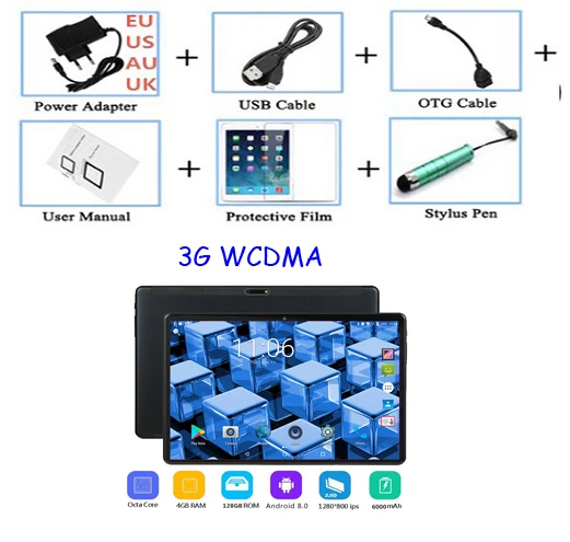 3G WCDMA 10 дюймовый планшет, PC, четыре ядра, Android 8,0 Wi-Fi Bluetooth с двумя сим-картами 4G планшеты LTE 10,1 4 Гб Оперативная память 128 Гб Встроенная память 64 GB Оперативная память подарочная карта - Комплект: 3G WCDMA