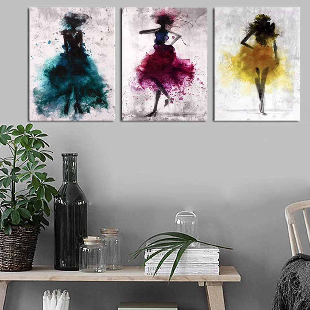 Abstract Figure Paintings 3 Pcs/Set Watercolor Fashion Sexy Ladies with Dress Canvas Printings Wall Artwork Decor Picture Poster | Дом и сад